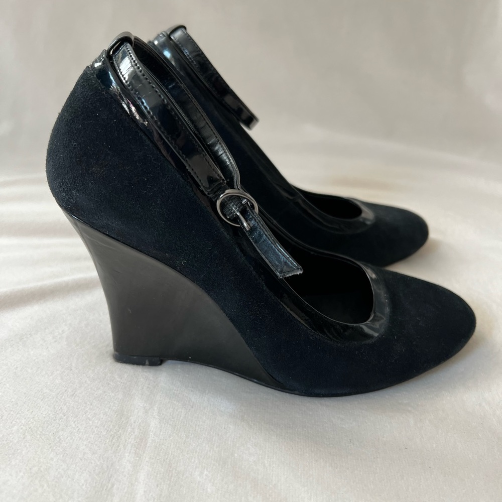Size 7 Charles by Charles David black wedge with ankle strap & rounded toe